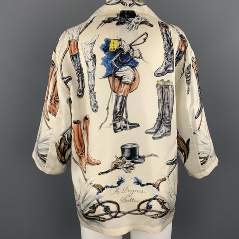 HERMES Size 6 Cream Silk Equestrian A PROPES DE BOTTES Print Blouse