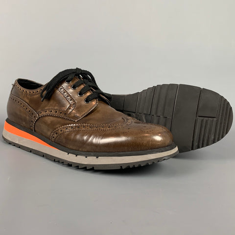 PRADA Size 12 Brown Perforated Leather Wingtip Lace Up Shoes