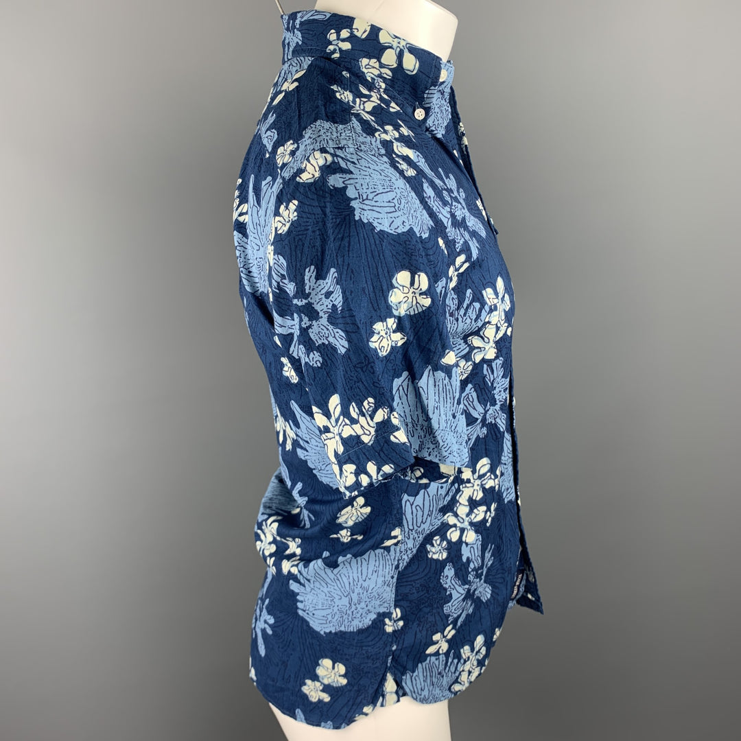 J. PRESS Size S Navy Print Cotton Button Down Short Sleeve Shirt