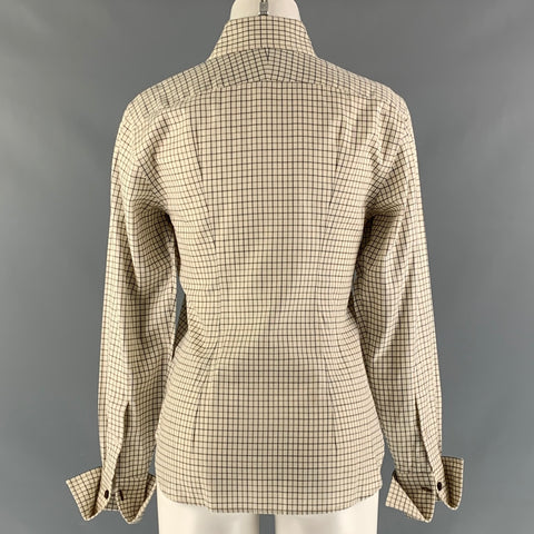 RALPH LAUREN Size 2 Cream Cotton Checkered Button Down Blouse