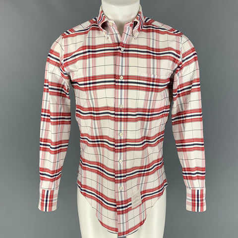 THOM BROWNE Taille M Chemise à manches longues Oxford en coton à carreaux blanc et rouge