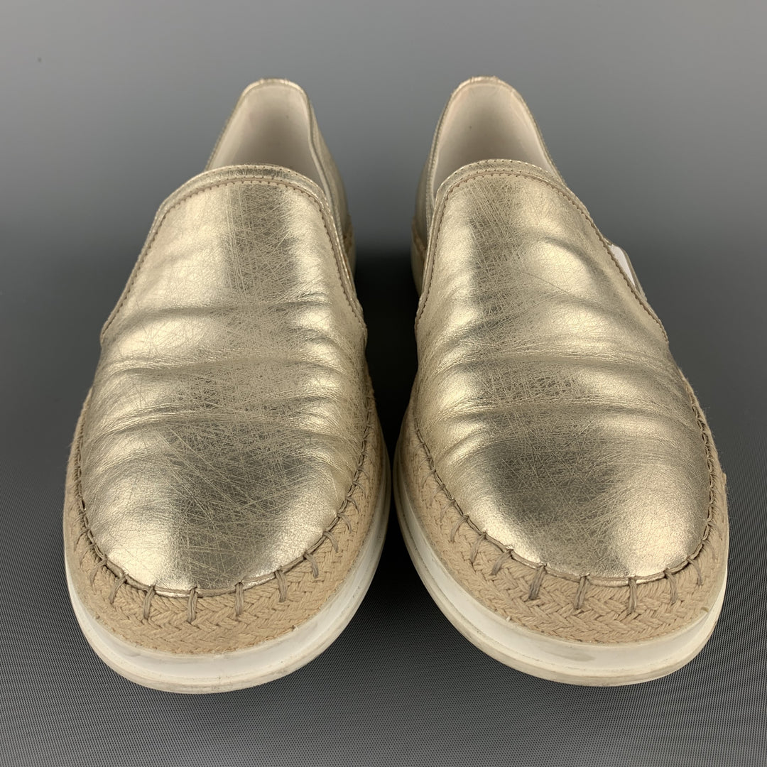 TOD'S Size 7.5 Gold Leather Slip On Flats