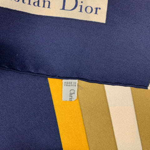 CHRISTIAN DIOR Navy & Gold Taupe Geometric Silk Twill Scarf