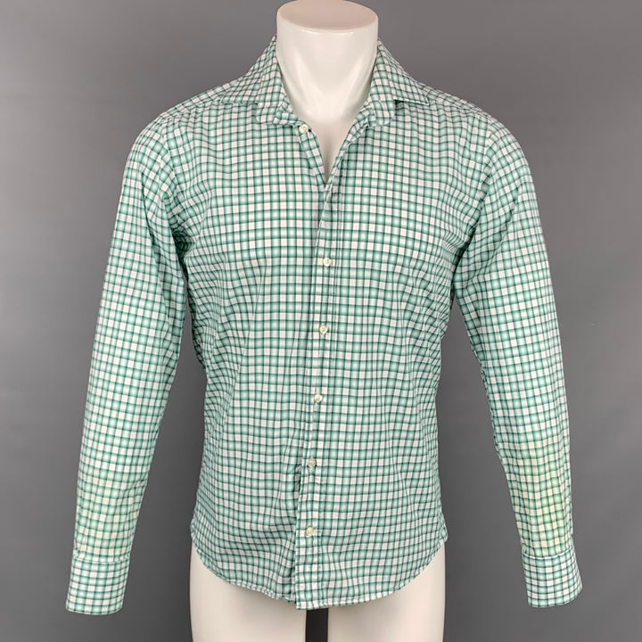 ETRO Size S Green & White Checkered Cotton Spread Collar Long Sleeve Shirt