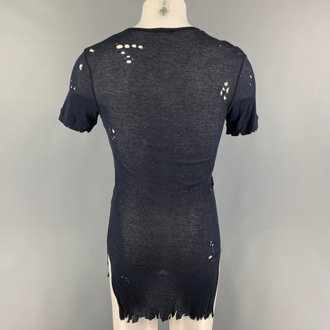BALMAIN SS18 Size M Navy Blue Distressed Cotton Destroyed Long T-shirt