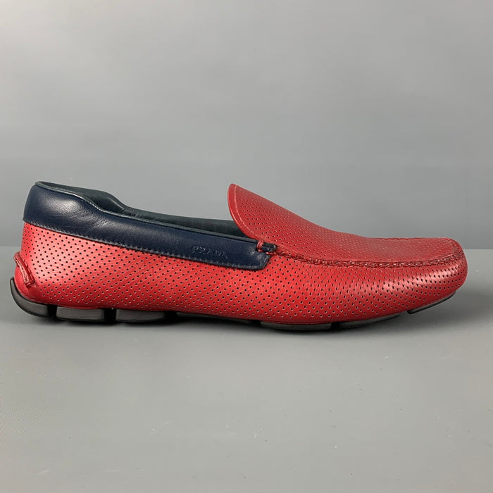 PRADA Size 10 Red Perforated Leather Square Toe Loafers