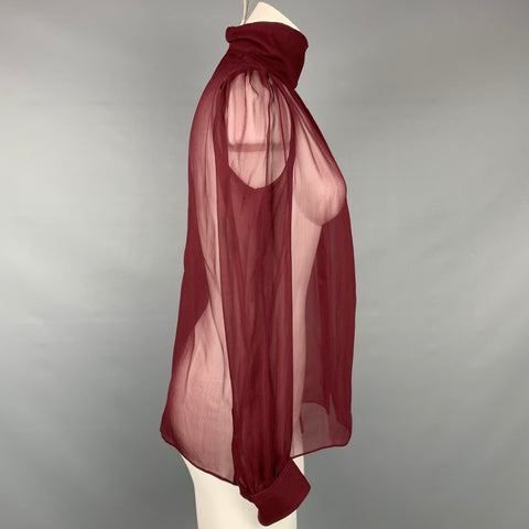 SAINT LAURENT SS 2021 Size 4 / 36 Burgundy Sheer Silk Crepe Turtleneck Blouse