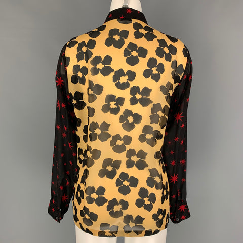 DRIES VAN NOTEN Taille 8 Blouse à manches longues étoiles en soie rouge noir