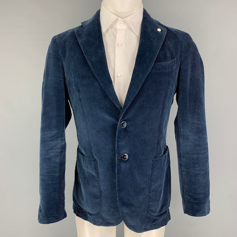 BRANDO Size 36 Blue Corduroy Cotton Notch Lapel Sport Coat