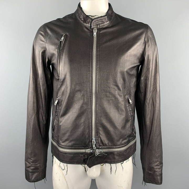HAUTE Size 42 Black Leather Full Zip High Collar Zip Pockets Raw Hem Jacket