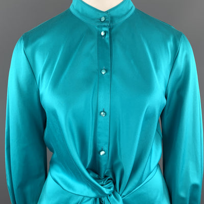 ESCADA Size 12 Turquoise Cotton Sateen Band Collar Tied Blouse