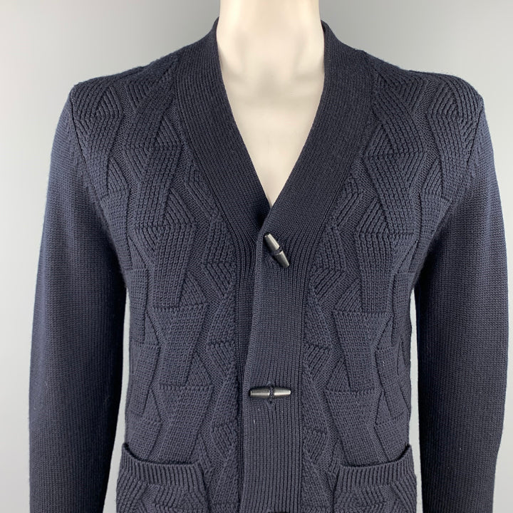 SANDRO Size XXL Navy Knitted Merino Wool Buttoned Cardigan Sweater