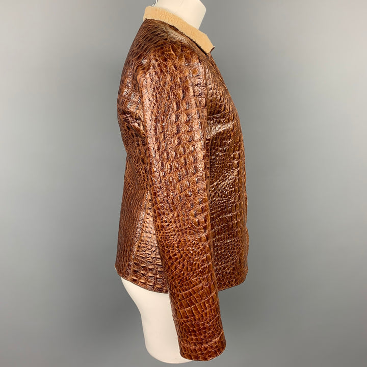 ARMANI COLLEZIONI Size 6 Brown Embossed Leather Jacket