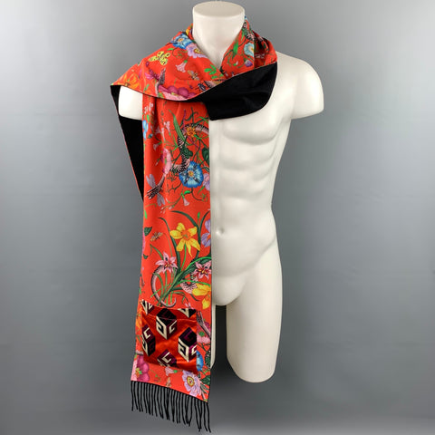 GUCCI Black & Red Silk / Cashmere Reversible Pocket Fringe Scarf