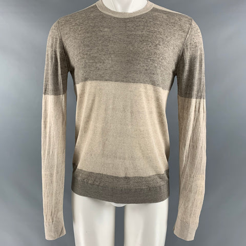THEORY Size M Tan Stripe Linen Blend Crew-Neck Pullover