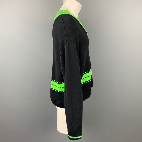 ATIVE Size L Black & Green Knitted Cotton V-Neck Sweater