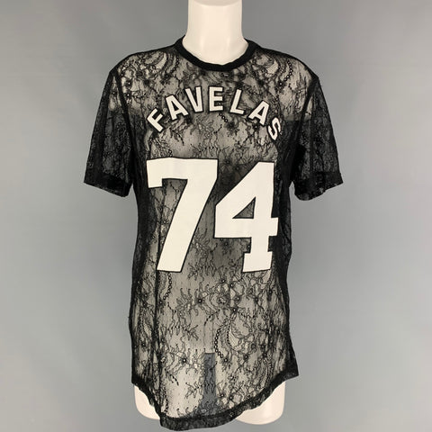 GIVENCHY Otoño 2014 Talla S Negro Blanco Favelas 74 Camiseta de encaje con cuello redondo