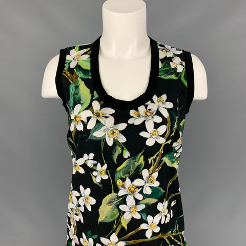 DOLCE & GABBANA Size 2 Black & White Green Floral Cotton Blouse