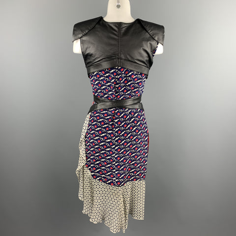 MICHEL KLEIN Size S Multi-Color Patchwork Mixed Fabrics Silk Belted Sheath Dress