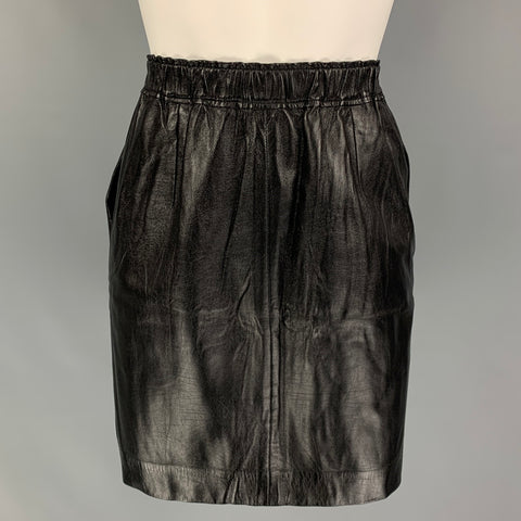 CELINE Size 6 Black Lamb Skin Elastic Waistband Above Knee Skirt