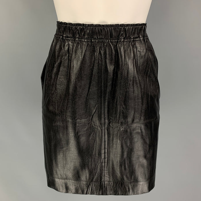 CELINE Size 6 Black Lamb Skin Elastic Waistband Above Knee Skirt