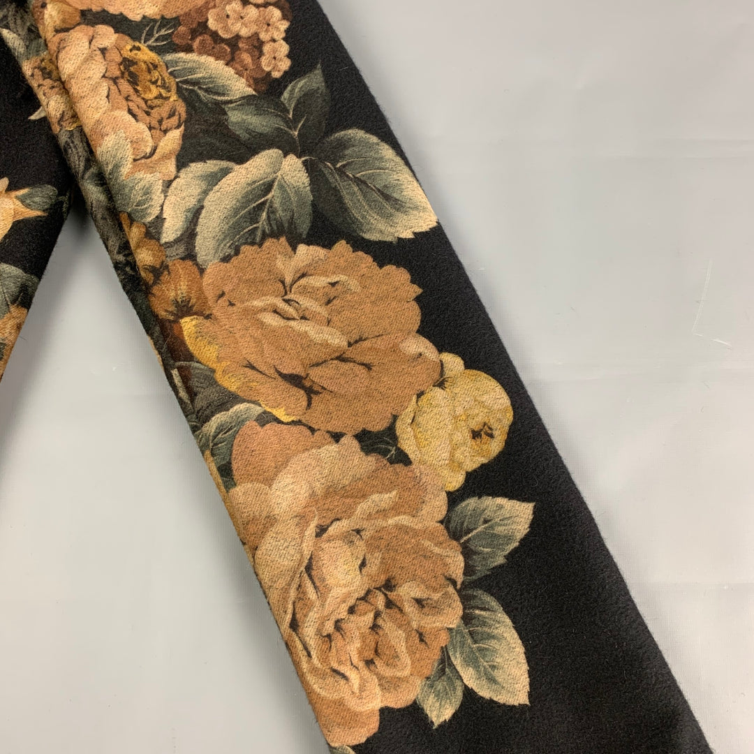 LORO PIANA for NEIMAN MARCUS Black & Beige Floral Cashmere Fringe Scarf