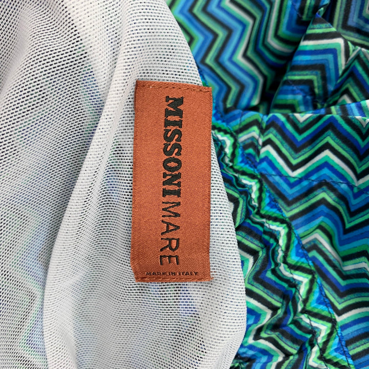 MISSONI Size M Blue Green Zig Zag Polyester Lined Swim Trunks