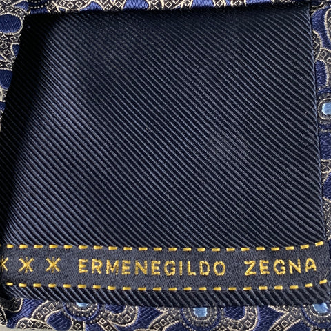 ERMENEGILDO ZEGNA Navy Cream Abstrack Floral Silk Tie