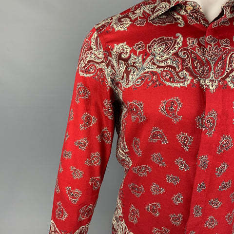ETRO Size S Red Cream Paisley Cotton Hidden Placket Long Sleeve Shirt