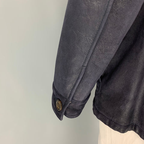 BRUNELLO CUCINELLI Size XL Navy Leather Zip & Buttons Jacket
