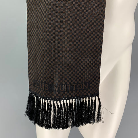 LOUIS VUITTON Black Brown Damier Silk Fringe Scarf