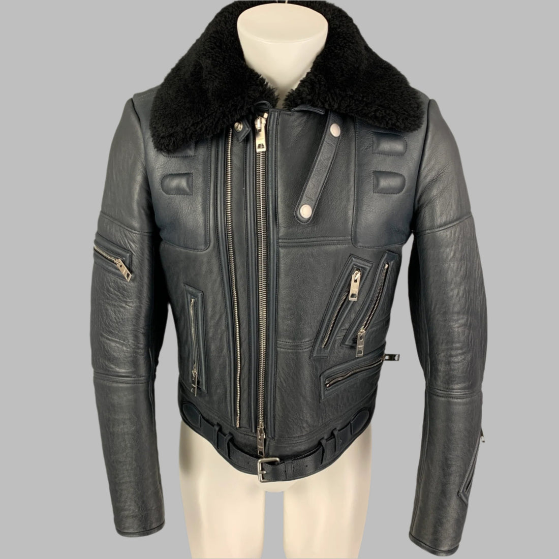 BURBERRY PRORSUM FW 2010 Size 38 Blue Black Lamb Leather Shearling Biker Jacket