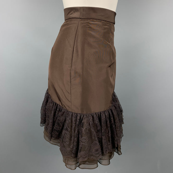 PETROU Size 2 Brown Silk Lace Ruffle Skirt