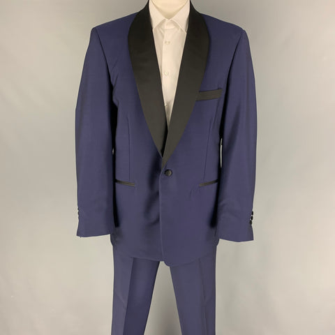 HOLLAND & SHERRY Size 48 Navy Black Shawl Collar Tuxedo Suit