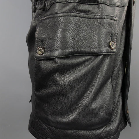 LORO PIANA 44 Black Leather Drawstring Waist Cashmere Lining 'Horsey'  Jacket