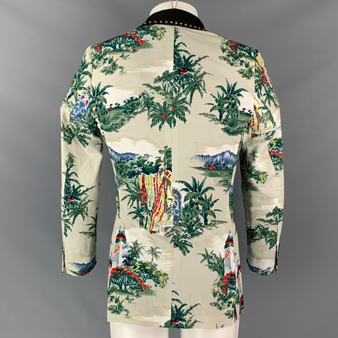 R13 Size S Ivory Green Print Cotton / Silk Shawl Collar Sport Coat