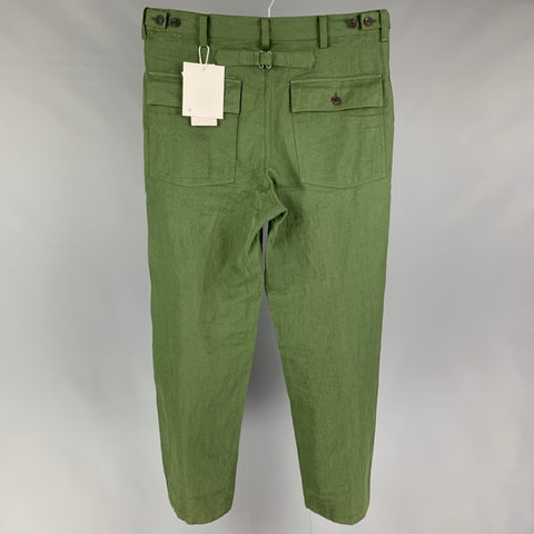 VISVIM Talla L Pantalones Alda de mezcla de lino verde oliva con cremallera y bragueta