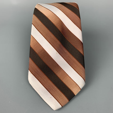 Cravate en soie à rayures diagonales marron et blanc VINTAGE