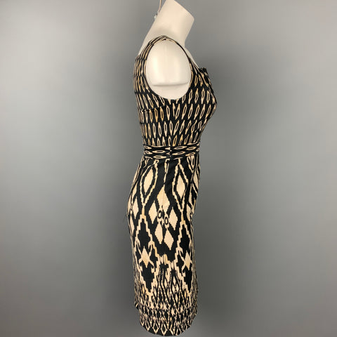 DAVID MEISTER Size 2 Black & Beige Ikat Cotton Sleeveless Dress