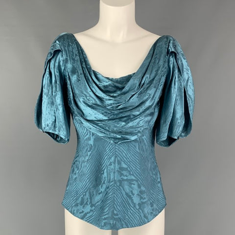 ZAC POSEN Blusa drapeada jaspeada de seda marina talla 6