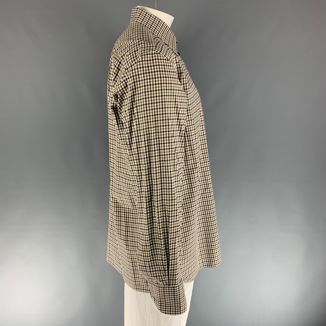 TOM FORD Size XL Brown Green/White Checkered Cotton Long Sleeve Shirt