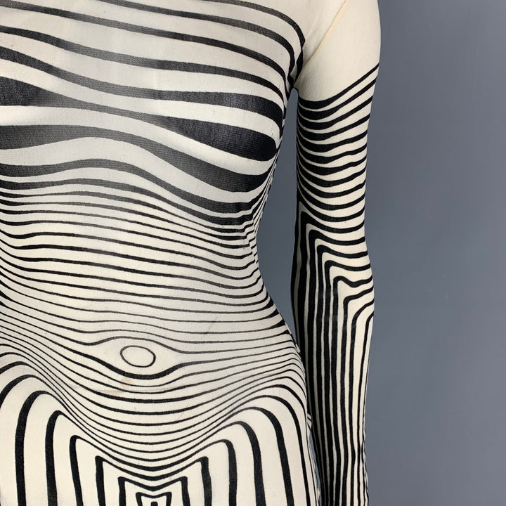 Vintage 1996 JEAN PAUL GAULTIER Size One Size Cream Black Stripe Stretch Tulle Bodysuit