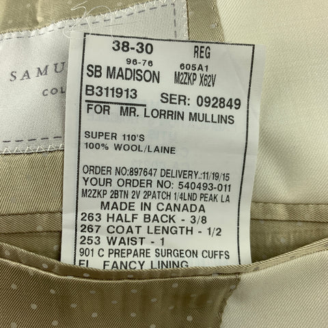 SAMUELSOHN para WILKES BASHFORD Talla 38 Traje de solapa de pico de lana maciza color crema regular