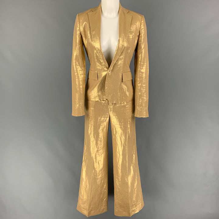 RALPH LAUREN Size 2 Gold Linen Metallic Notch Lapel Pants Suit