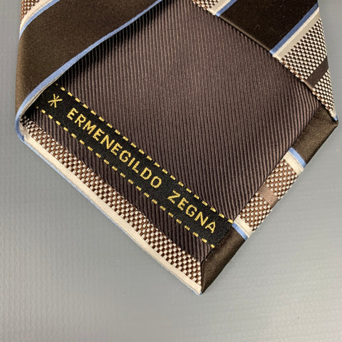 ERMENEGILDO ZEGNA Brown & White Stripe Silk Tie