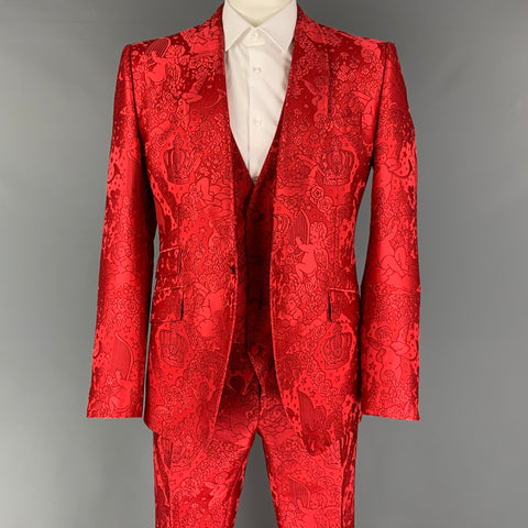 DOLCE & GABBANA Sicilia Size 44 Regular Red Jacquard Polyester Notch Lapel 3 Piece Suit