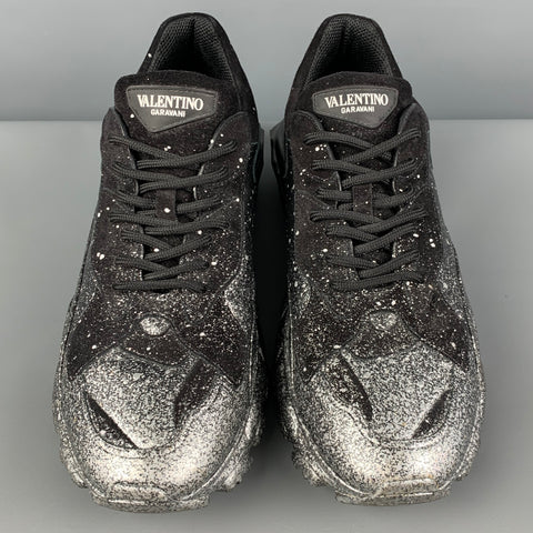 VALENTINO Size 10.5 Black Silver Paint Splatter Leather Bounce Sneakers
