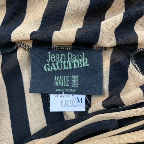 JEAN PAUL GAULTIER SS 2003 Size M Black & Taupe Polimide Turtleneck Striped Dress