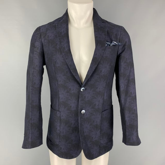RODA Chest Size 38 Black & Purple Floral Cotton & Flax Notch Lapel Sport Coat