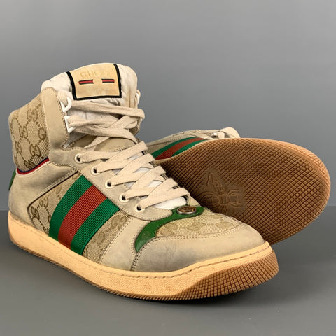 GUCCI Size 10.5 Tan Green & Red Distressed Canvas High Top Sneakers